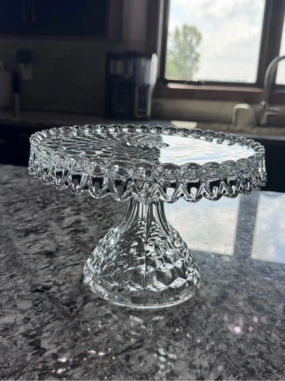 Fostoria American #2056 Clear Old Round Glass Pedestal Cake Stand With Rum Well